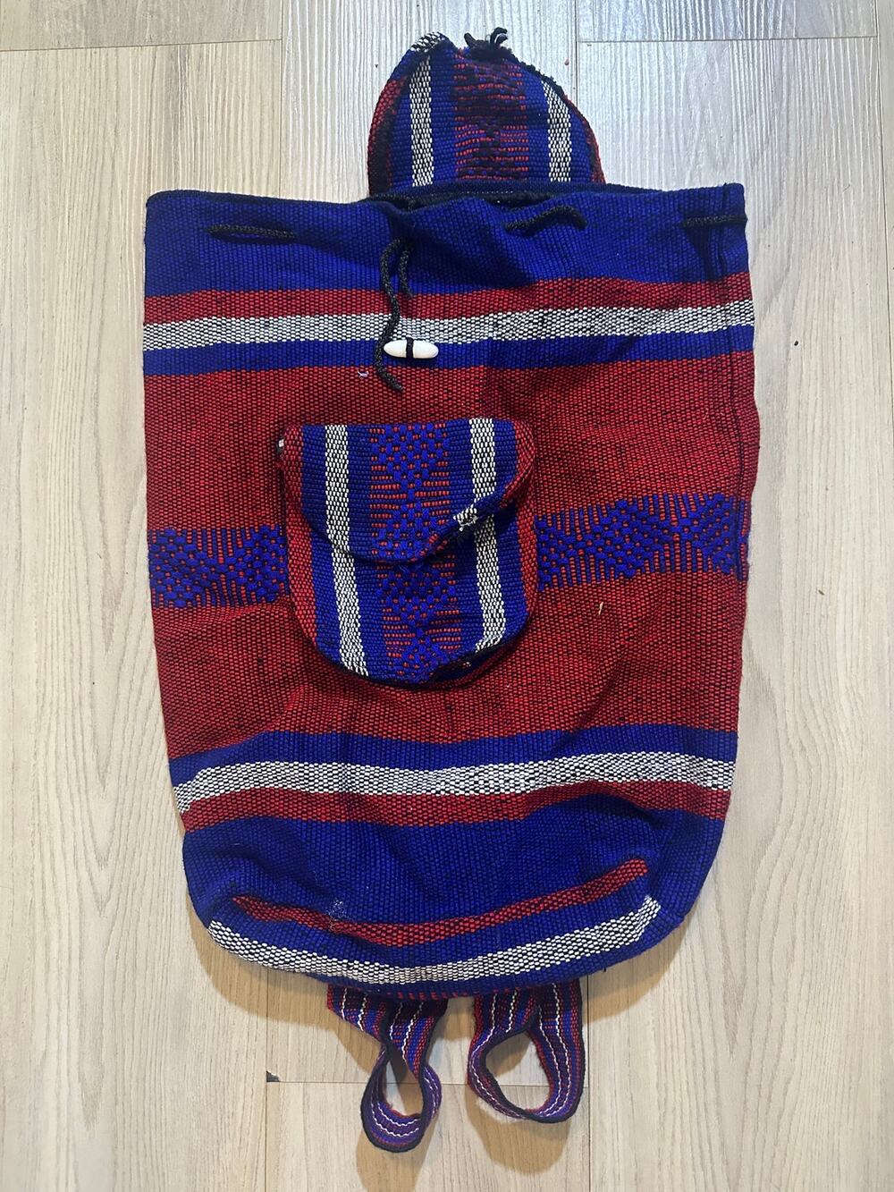 Vintage Woven Baja Backpack Striped Boho Hippie Drug Rug Drawstring